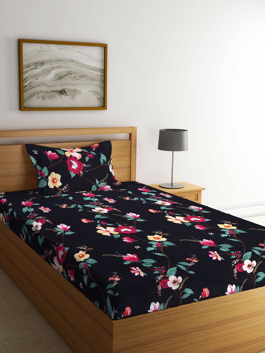 

Arrabi Black Floral 300 TC Single Bedsheet with 1 Pillow Covers