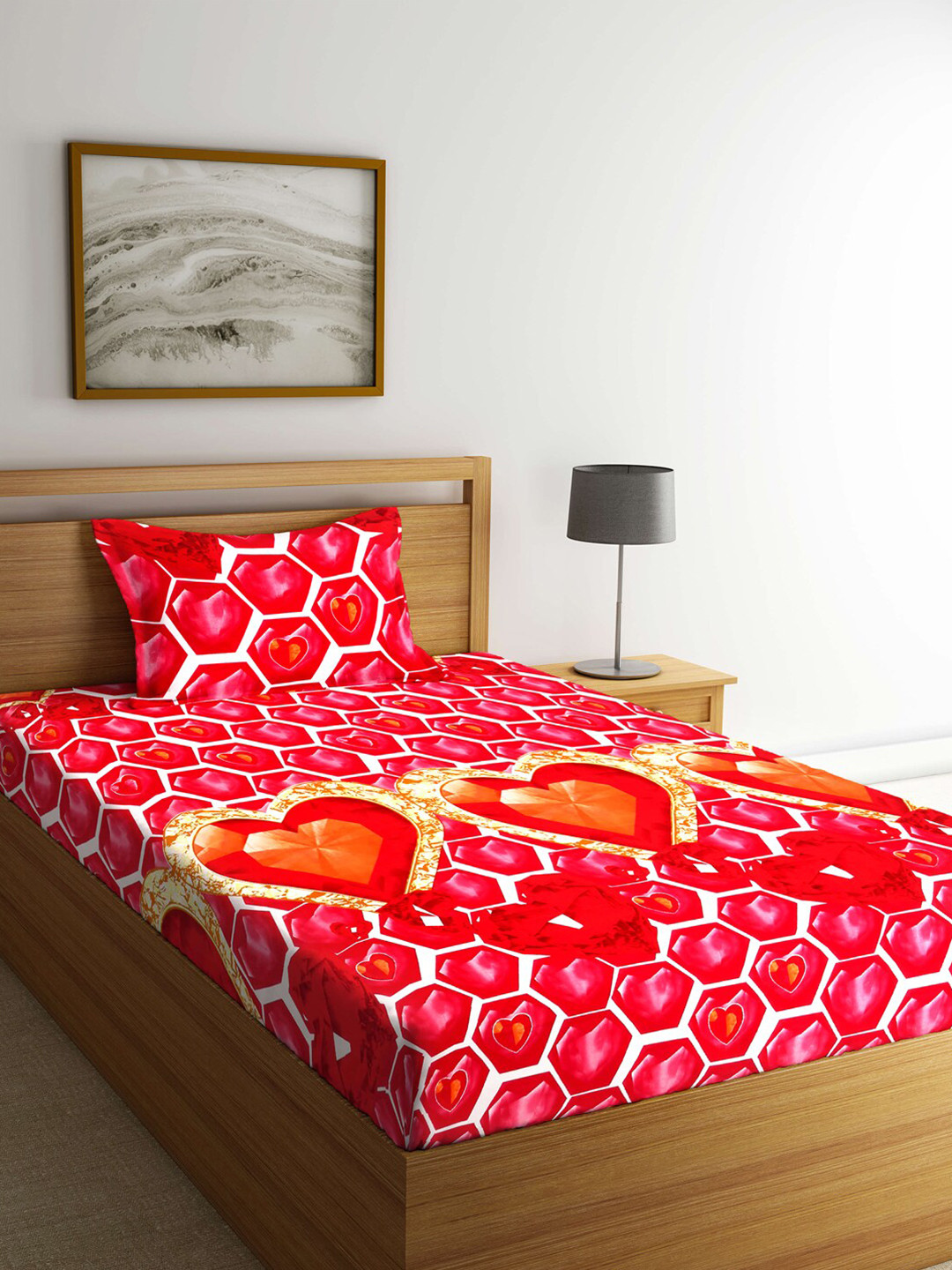 

Arrabi Red & White Graphic 300 TC Single Bedsheet with 1 Pillow Covers