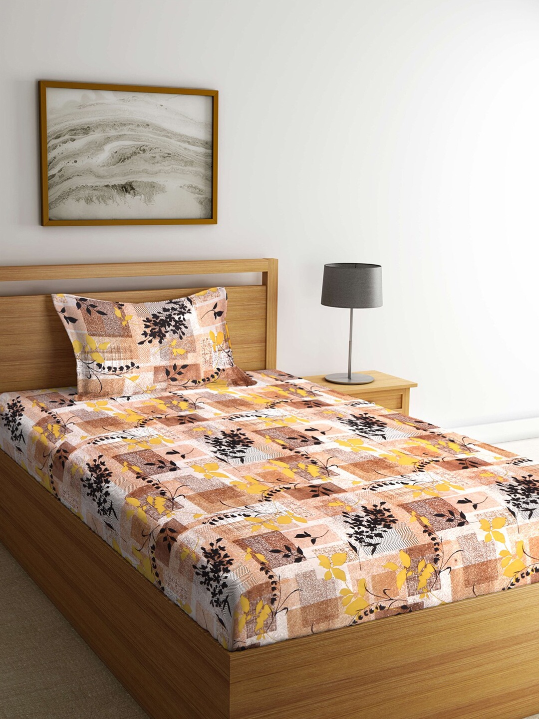 

Arrabi Brown & Mustard Floral 300 TC Single Bedsheet with 1 Pillow Covers