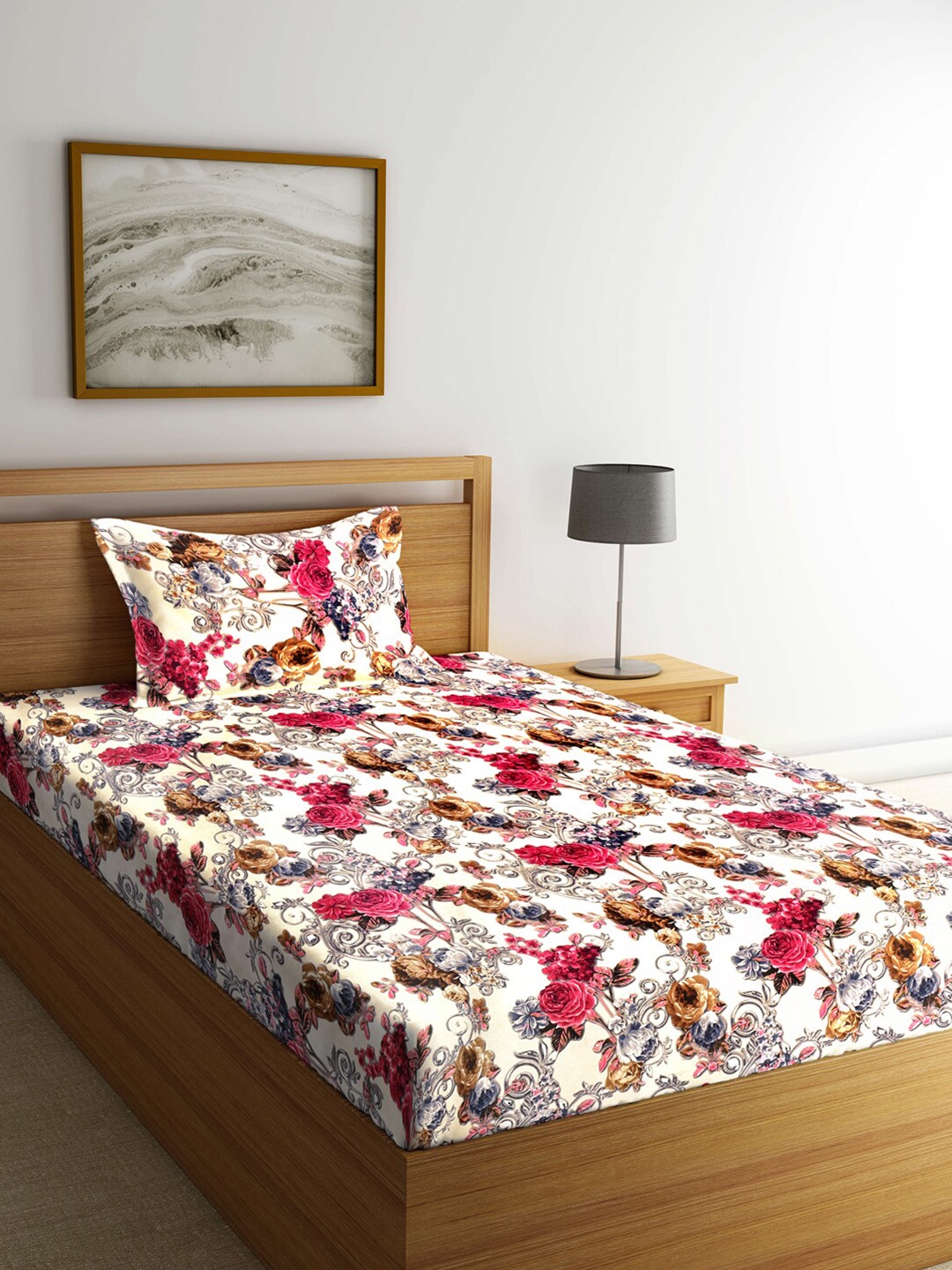 

Arrabi White & Pink Floral 300 TC Single Bedsheet with 1 Pillow Covers