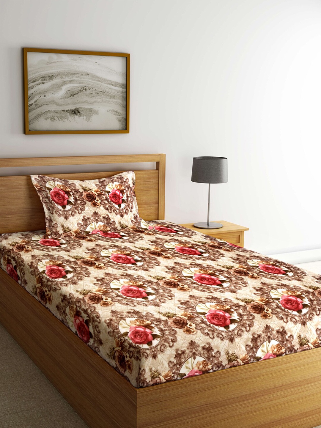 

Arrabi Beige & Pink Floral 300 TC Single Bedsheet with 1 Pillow Covers