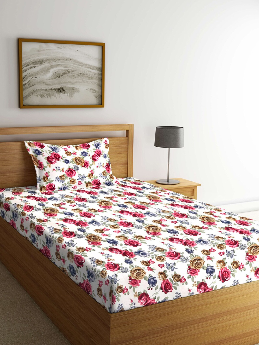 

Arrabi Cream-Coloured & Pink Floral 300 TC Single Bedsheet with 1 Pillow Covers