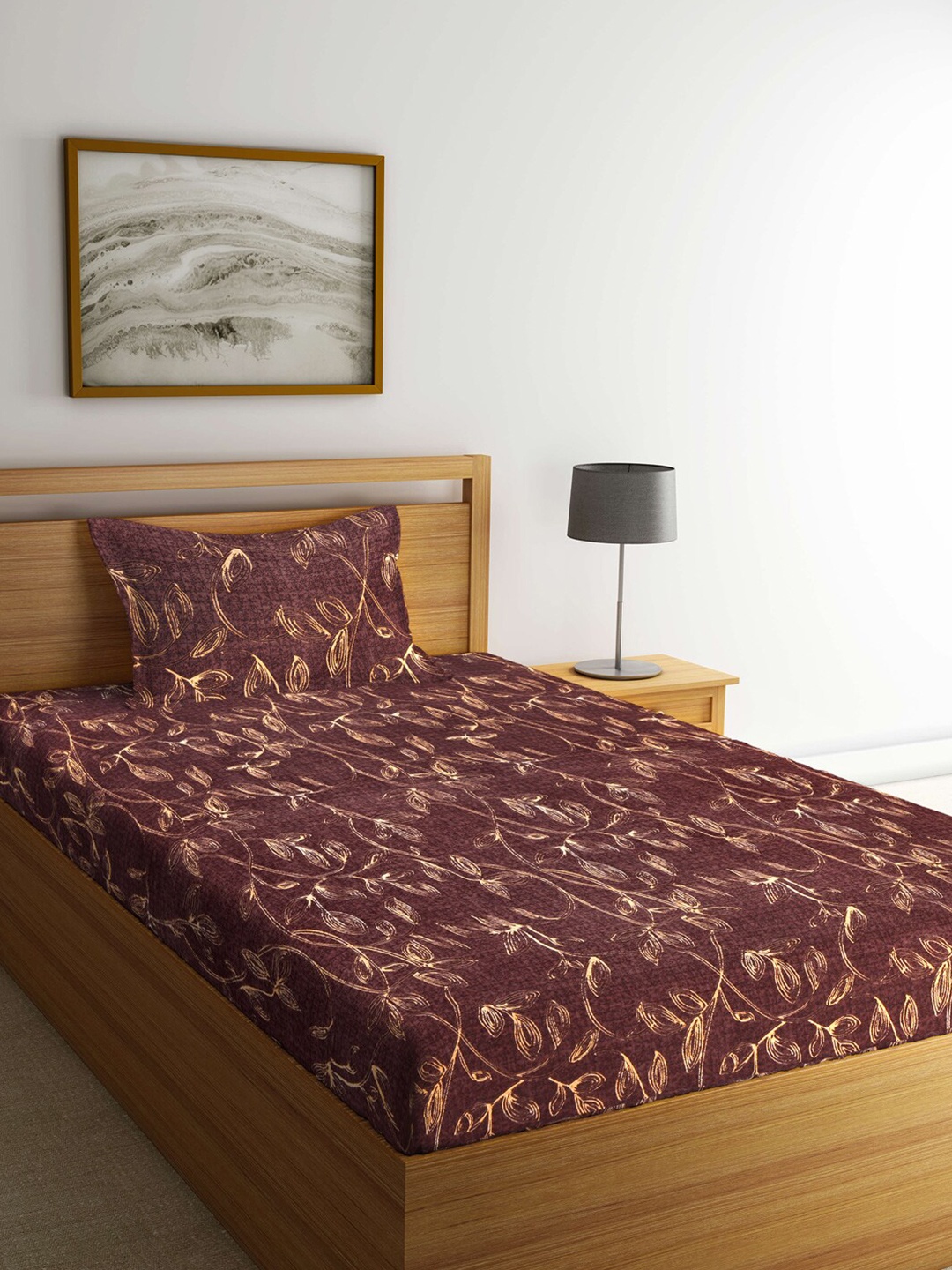 Arrabi Brown Floral 300 TC Single Bedsheet with 1 Pillow Covers