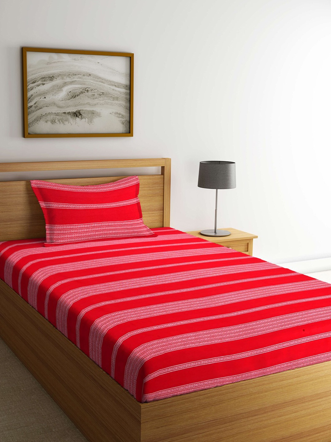 

Arrabi Red Striped 300 TC Single Bedsheet with 1 Pillow Covers