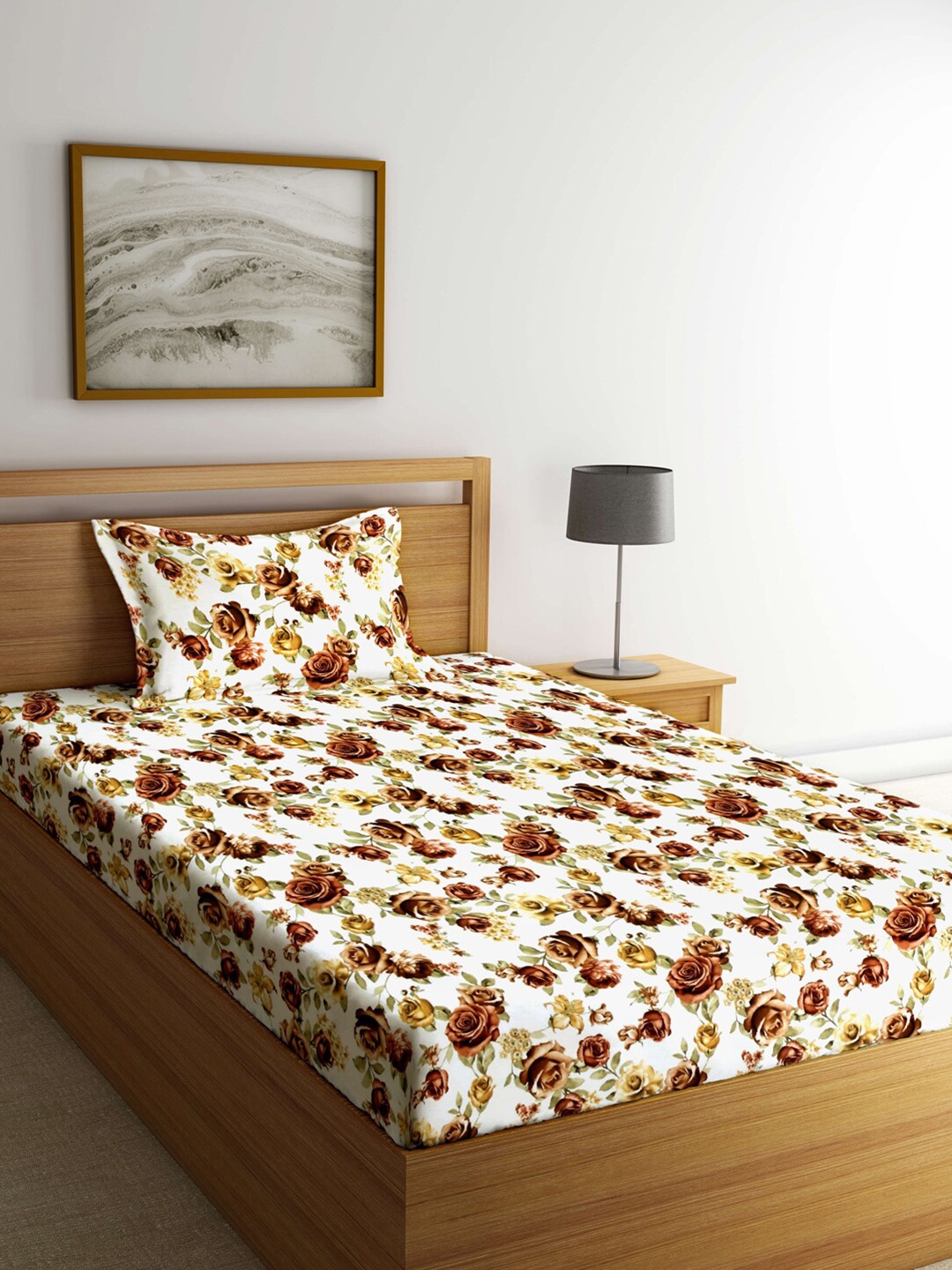 

Arrabi White & Yellow Floral 300 TC Single Bedsheet with 1 Pillow Covers
