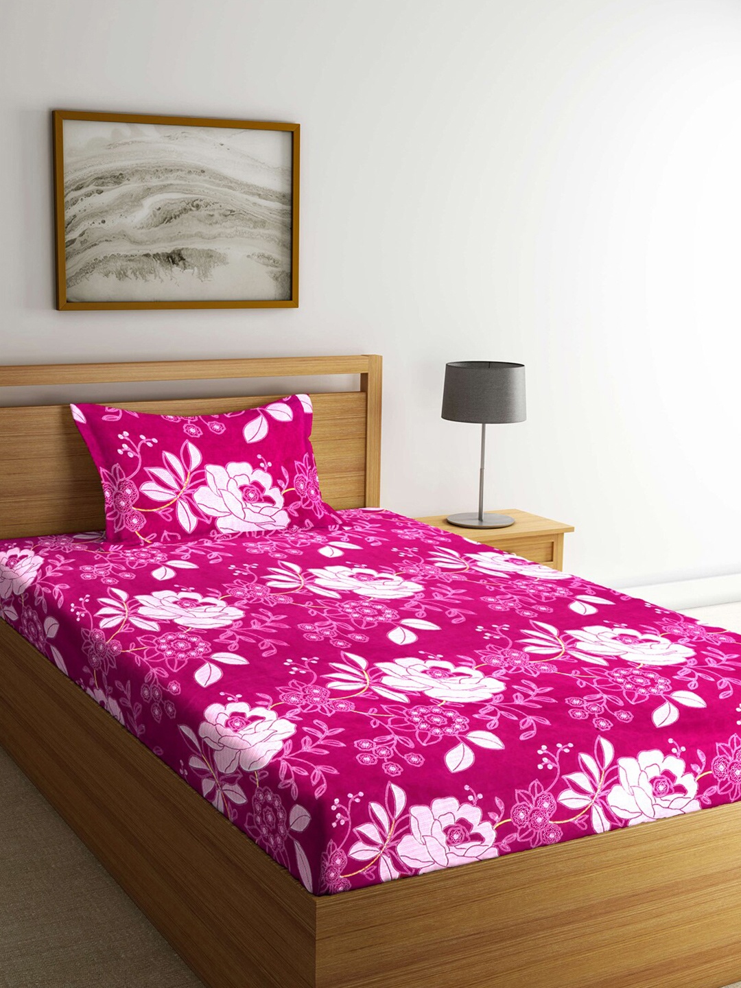 

Arrabi Pink Floral 300 TC Single Bedsheet with 1 Pillow Covers