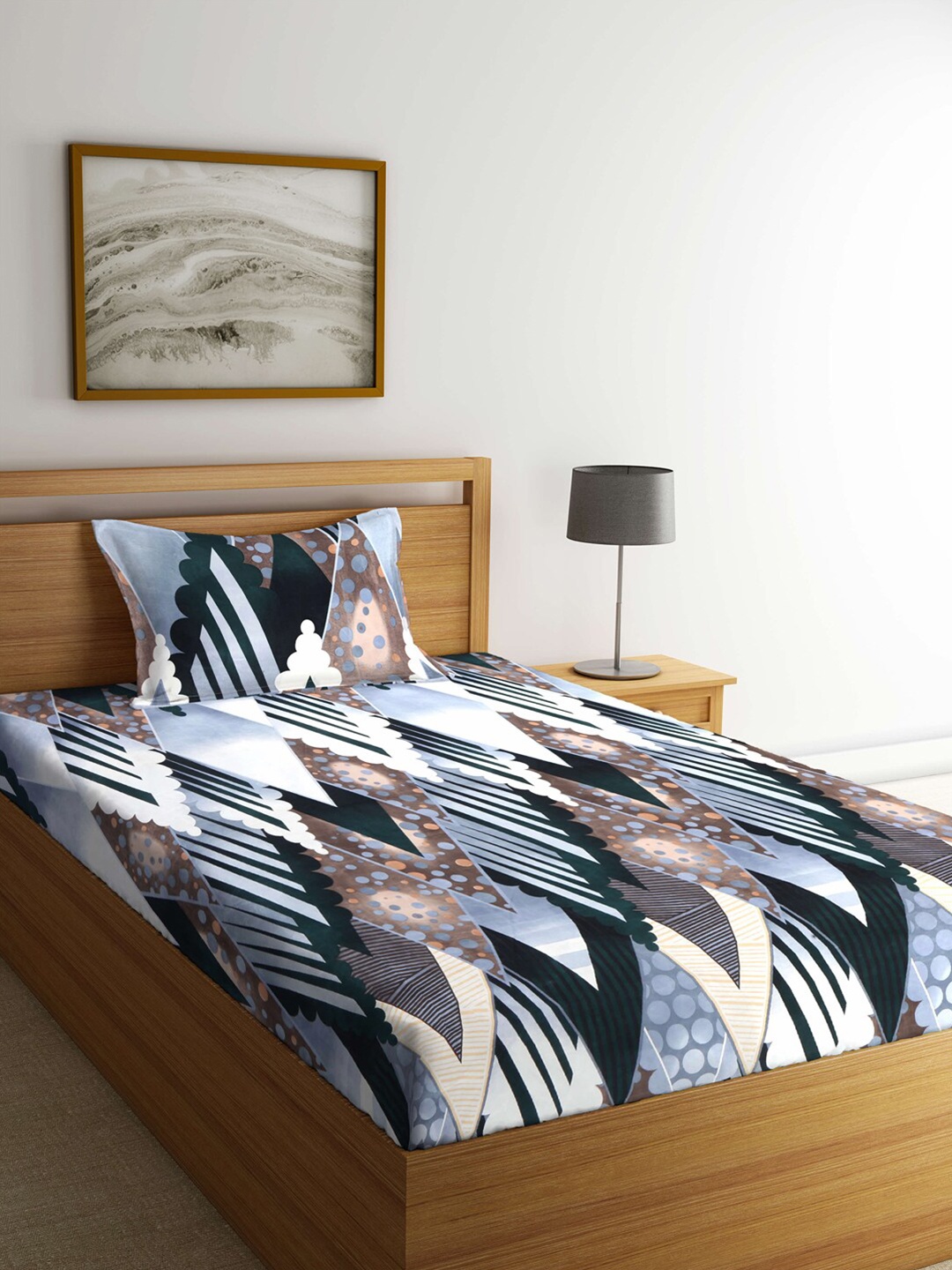 Arrabi Multicoloured 300 TC Single Bedsheet with 1 Pillow Covers, Multi