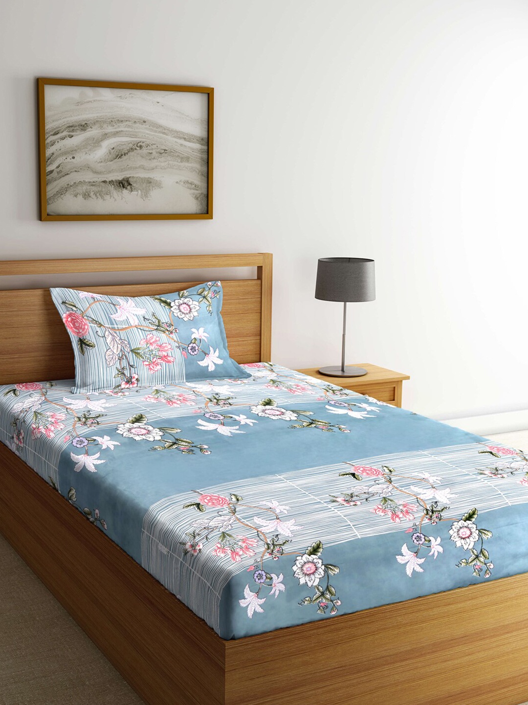 

Arrabi Grey & Pink Floral 300 TC Single Bedsheet with 1 Pillow Covers