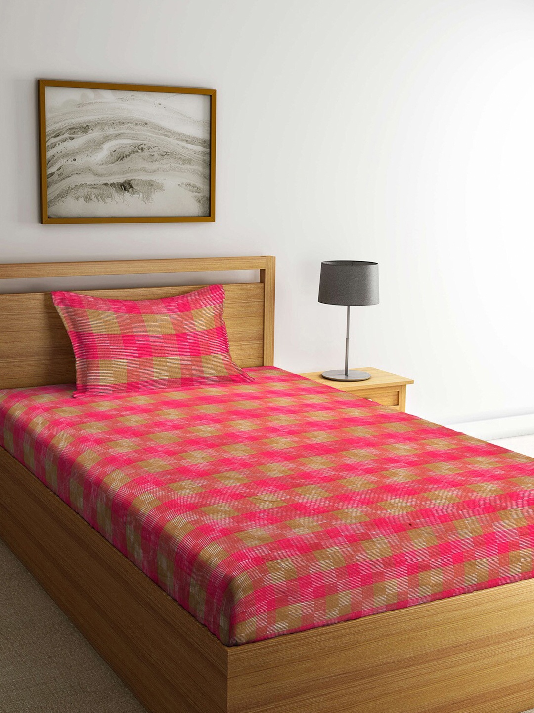 

Arrabi Pink & Olive Green Geometric 300 TC Single Bedsheet with 1 Pillow Covers