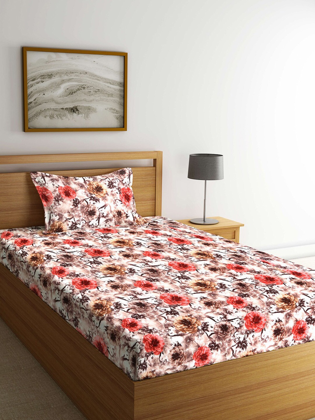 

Arrabi Brown & Pink Floral 300 TC Single Bedsheet with 1 Pillow Covers