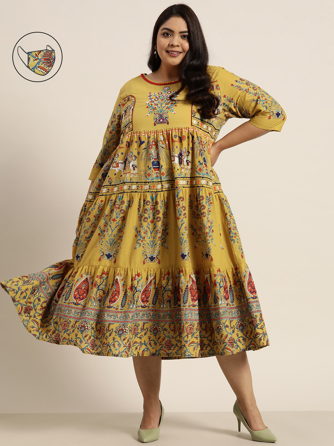 

Juniper Plus Mustard Yellow & Navy Blue Ethnic Motifs A-Line Midi Dress Comes With A Mask