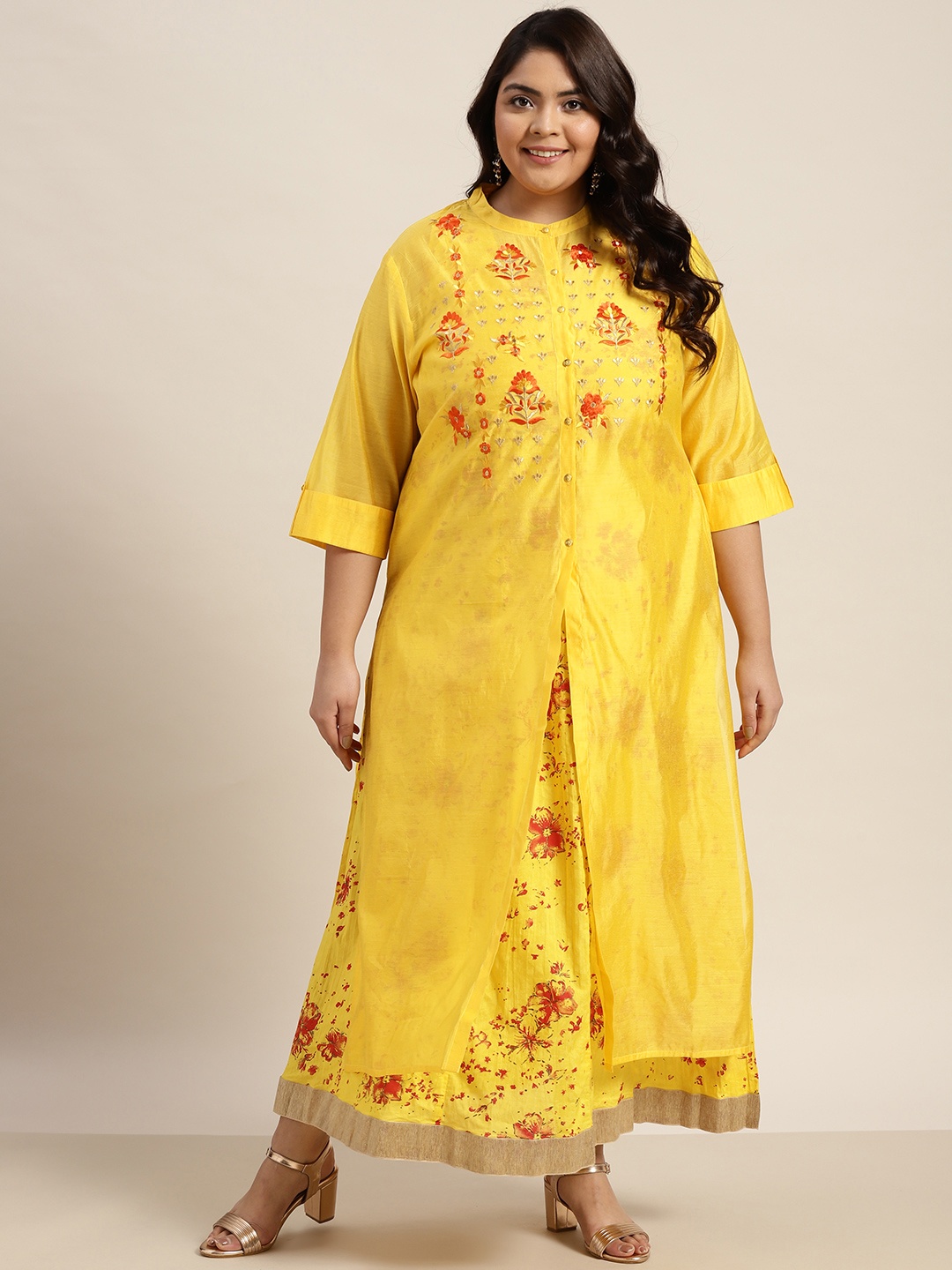 

Juniper Plus Mustard Yellow Floral Embroidered Ethnic Maxi Dress