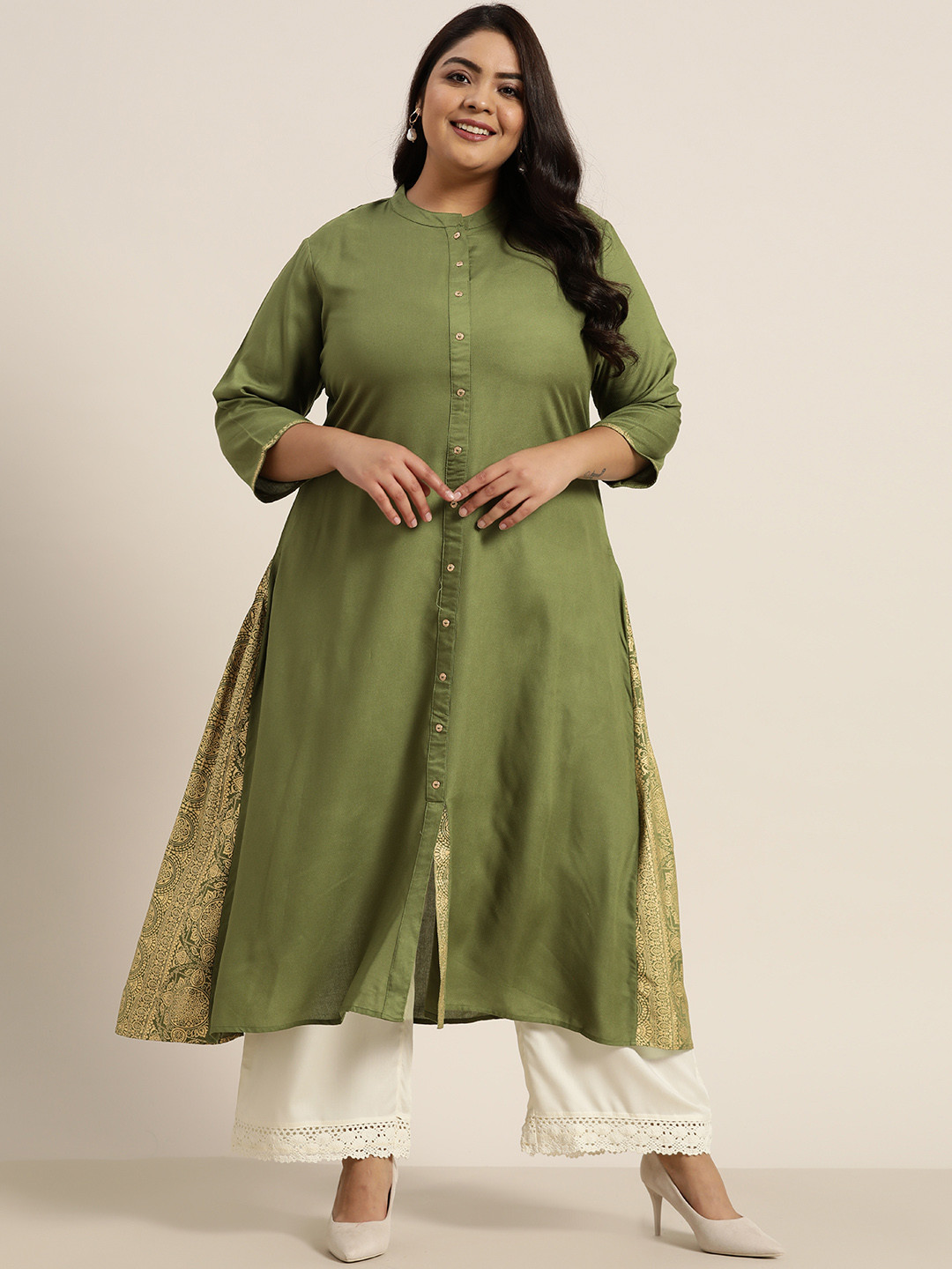 

Juniper Plus Women Olive Green & Gold-Toned Ethnic Motifs Printed Indie Prints Liva Kurta