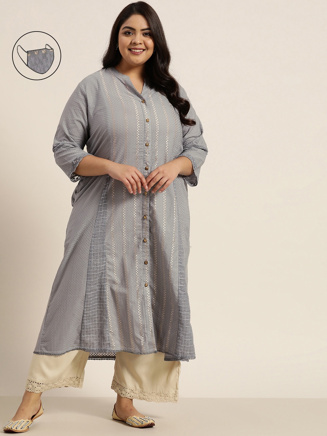 

Juniper Plus Women Grey Indie Prints Dobby Kurta with Mask