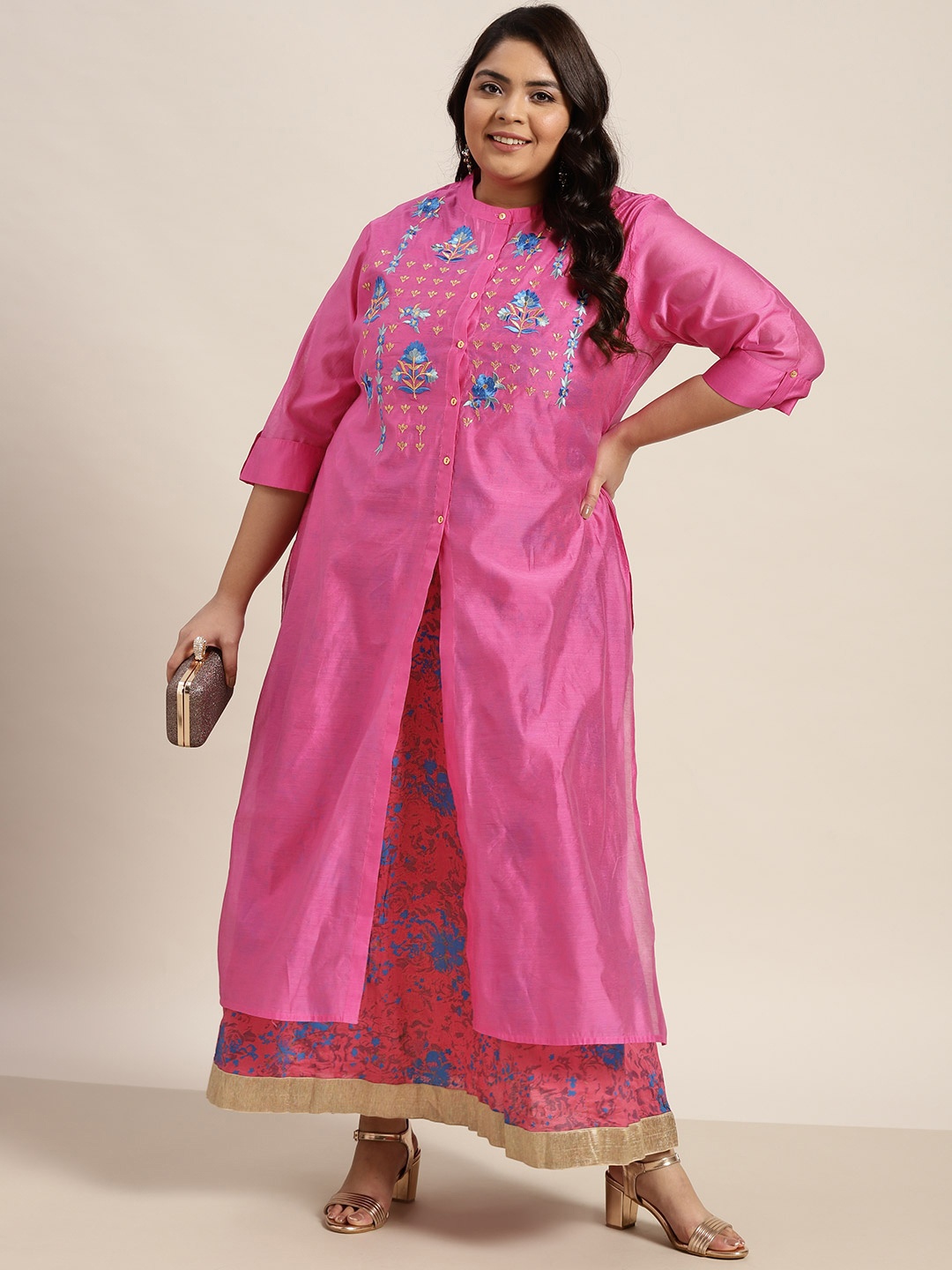 

Juniper Plus Pink & Blue Floral Embroidered Ethnic Maxi Dress with Shrug