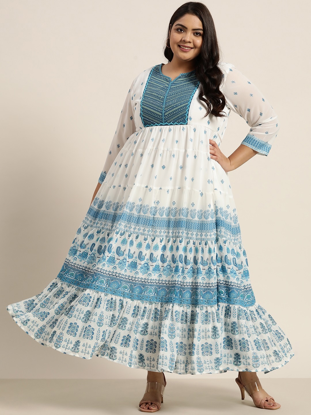 

Juniper Plus Blue & Off White Ethnic Motifs Georgette Ethnic Tiered Maxi Dress