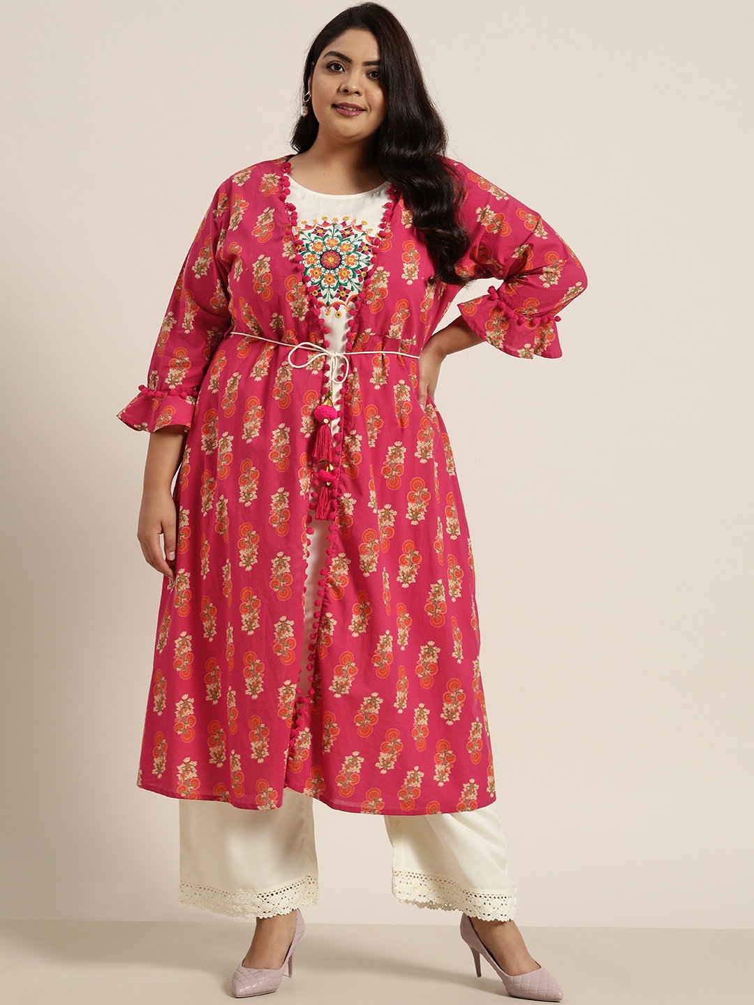 

Juniper Plus Women Fuchsia & Off White Floral Embroidered Flared Sleeves Mirror Work Indie Prints Liva Kurta