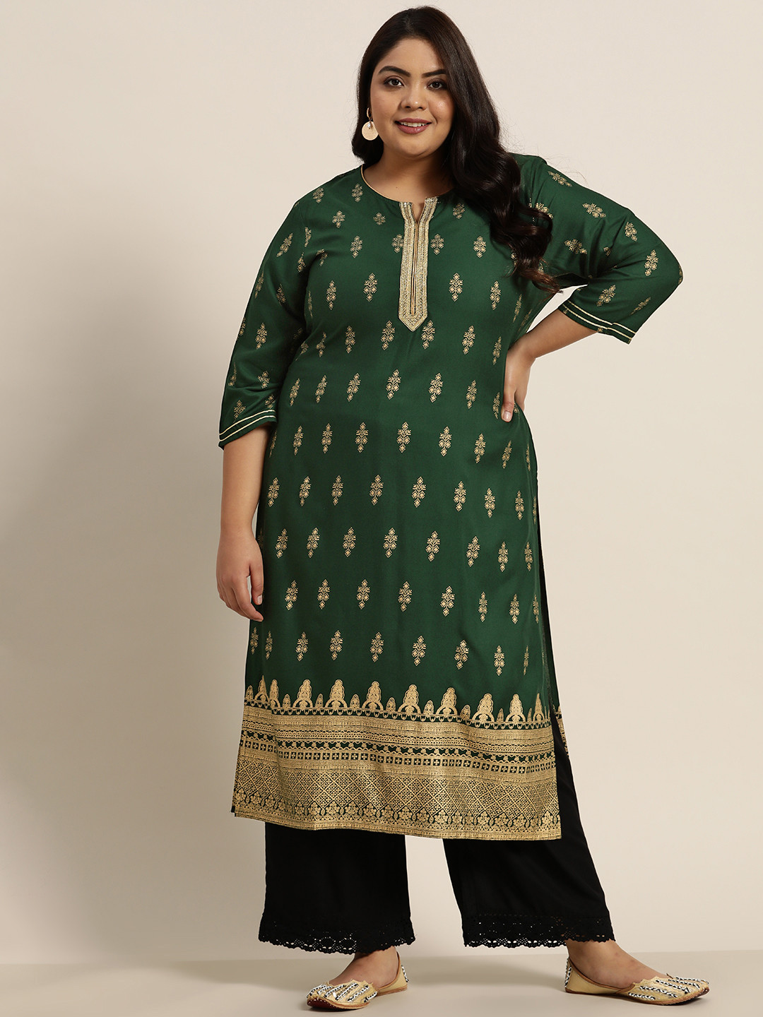 

Juniper Plus Women Green & Golden Ethnic Motifs Printed Indie Prints Liva Kurta