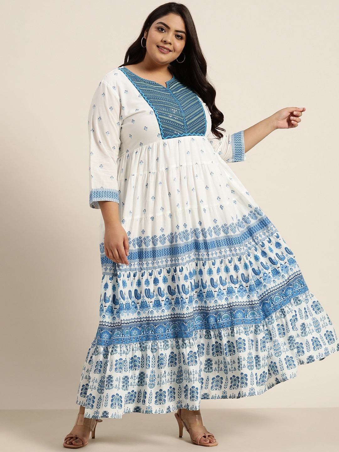 

Juniper Plus Blue & Off White Ethnic Motifs Ethnic Tiered Empire Dress