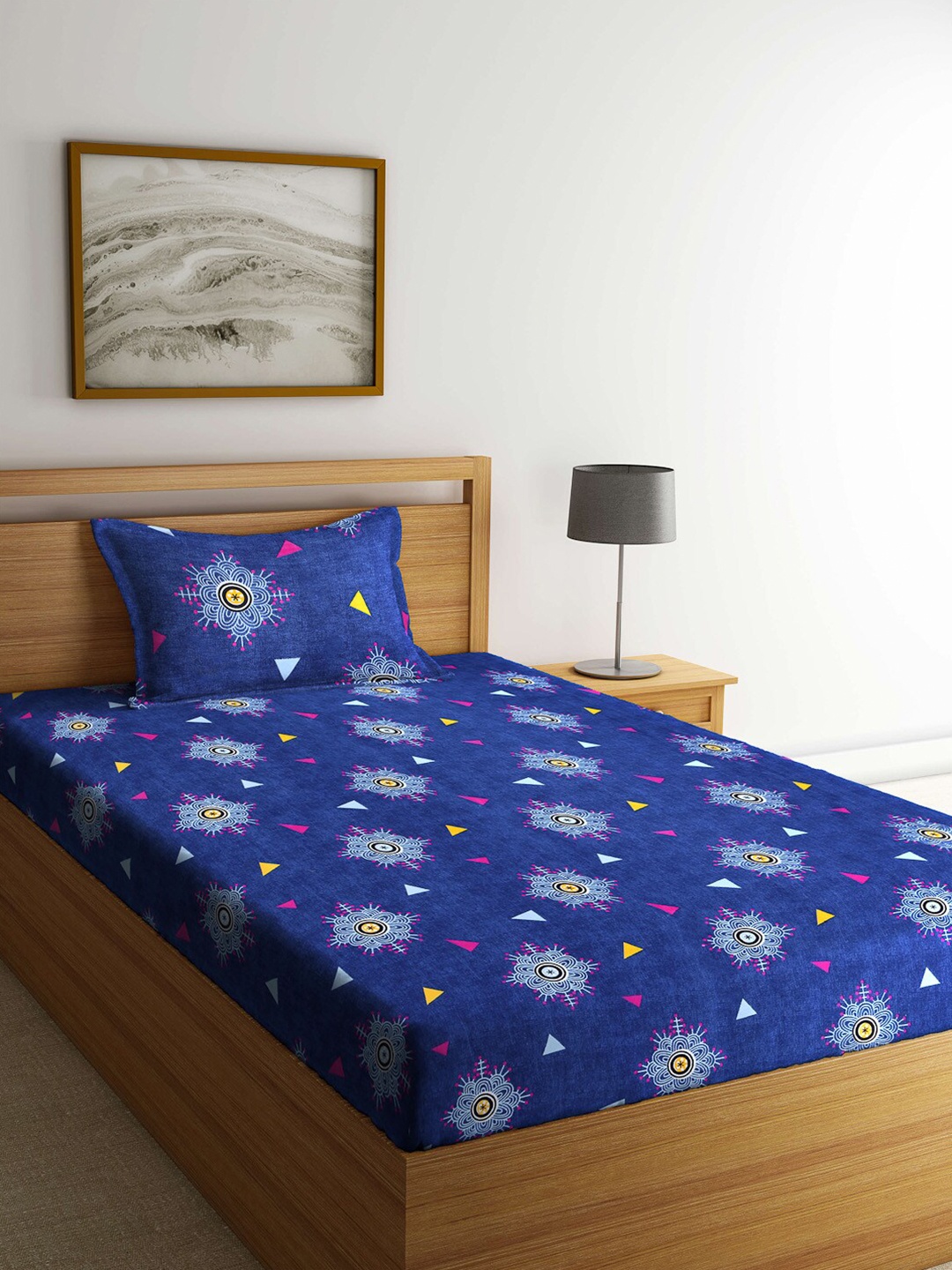 

Arrabi Blue & Pink Ethnic Motifs 300 TC Single Bedsheet with 1 Pillow Covers