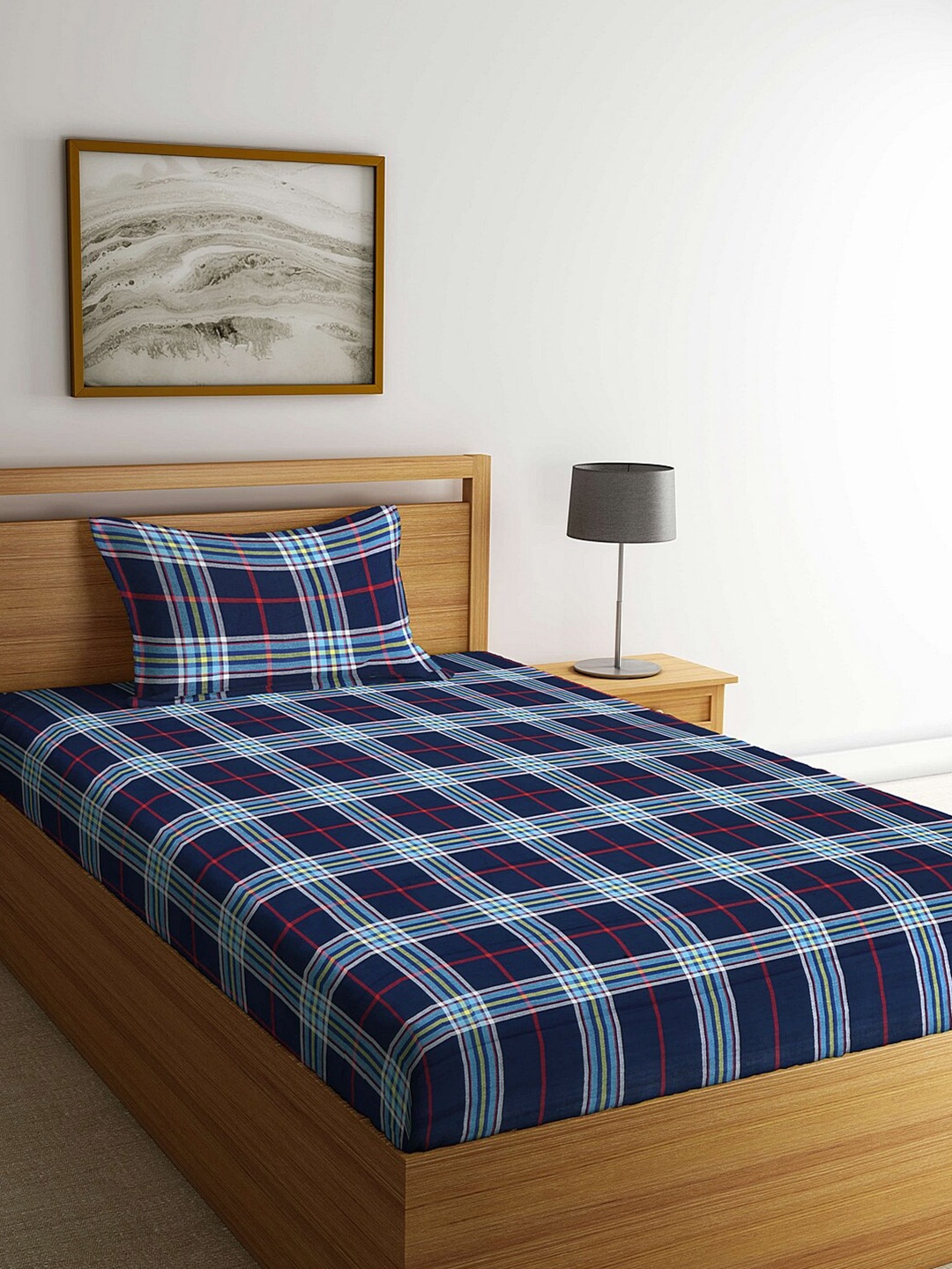 

Arrabi Navy Blue & White Geometric 300 TC Single Bedsheet with 1 Pillow Covers