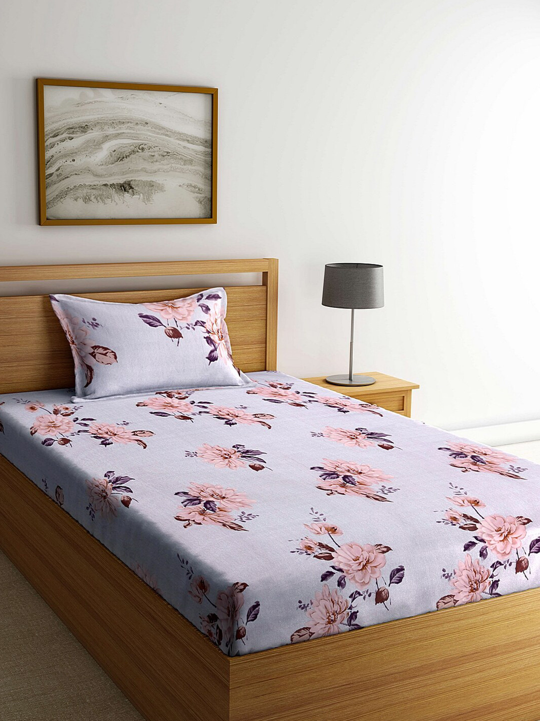 

Arrabi Grey & Pink Floral 300 TC Single Bedsheet with 1 Pillow Covers