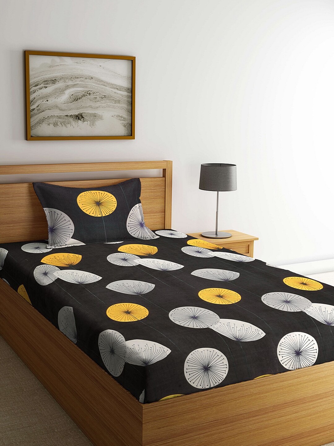 

Arrabi Charcoal & Yellow Floral 300 TC Single Bedsheet with 1 Pillow Covers