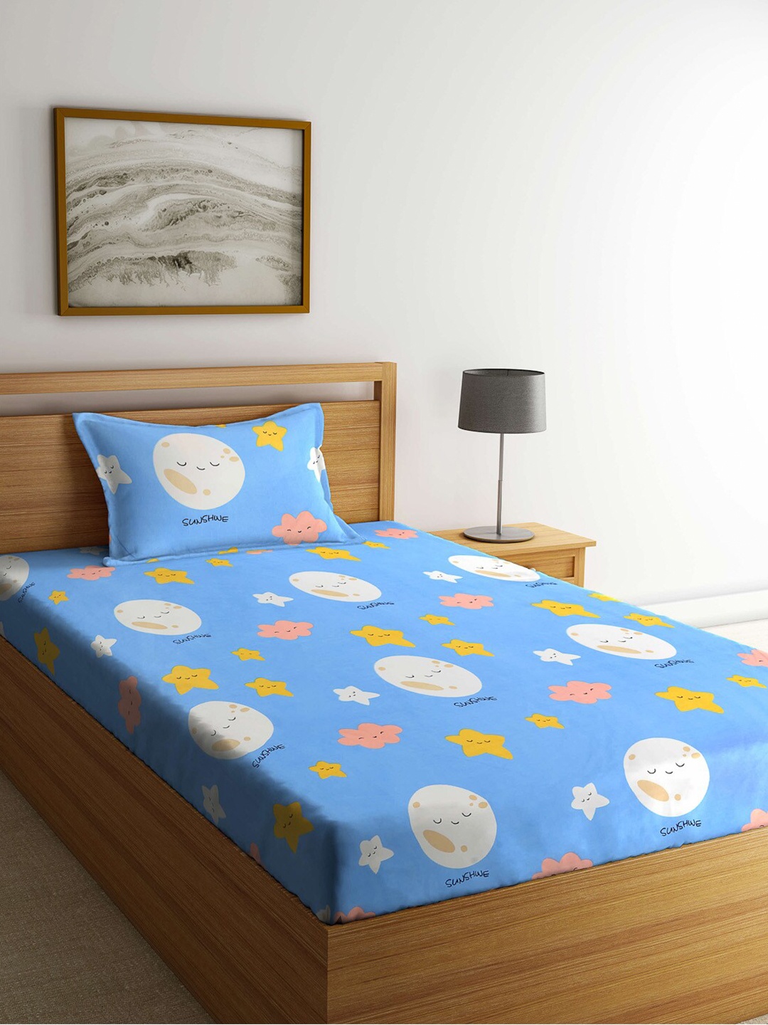 

Arrabi Blue & Yellow Cartoon Characters 300 TC Single Bedsheet with 1 Pillow Covers