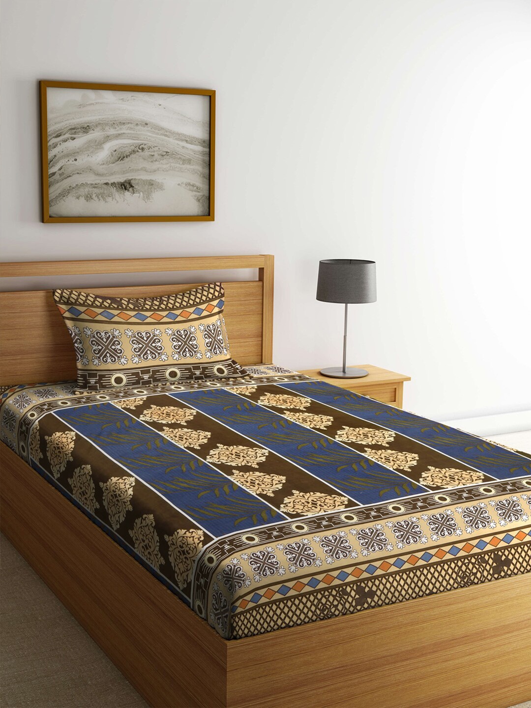 Arrabi Multicoloured Ethnic Motifs 300 TC Single Bedsheet with 1 Pillow Covers, Multi
