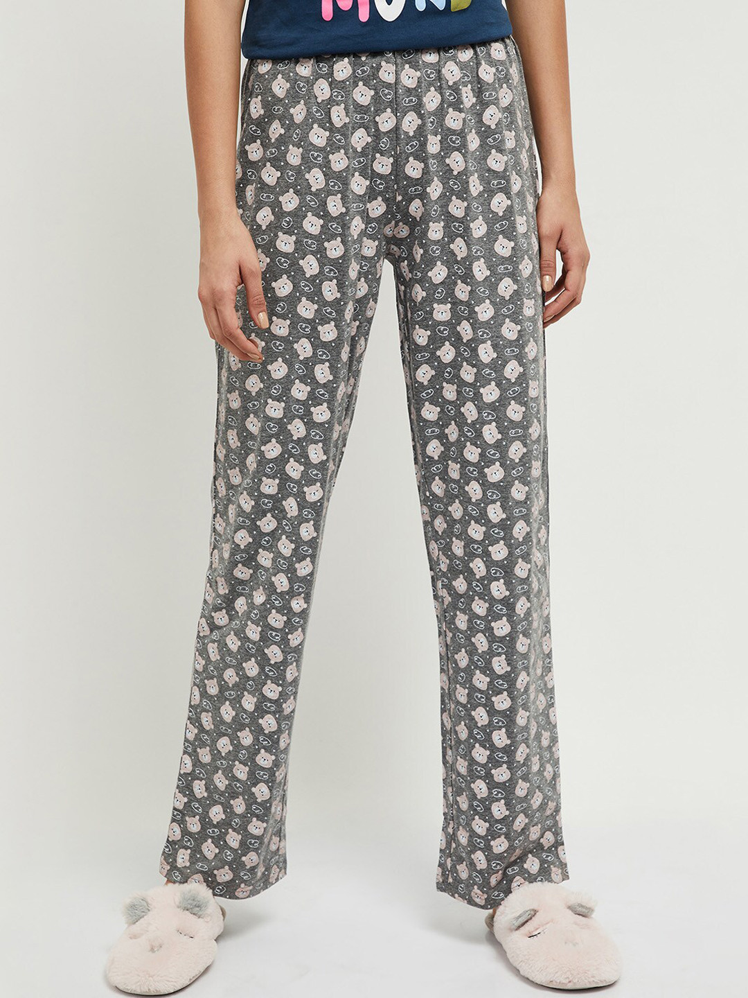 

max Women Grey Melange & Beige Printed Cotton Lounge Pants