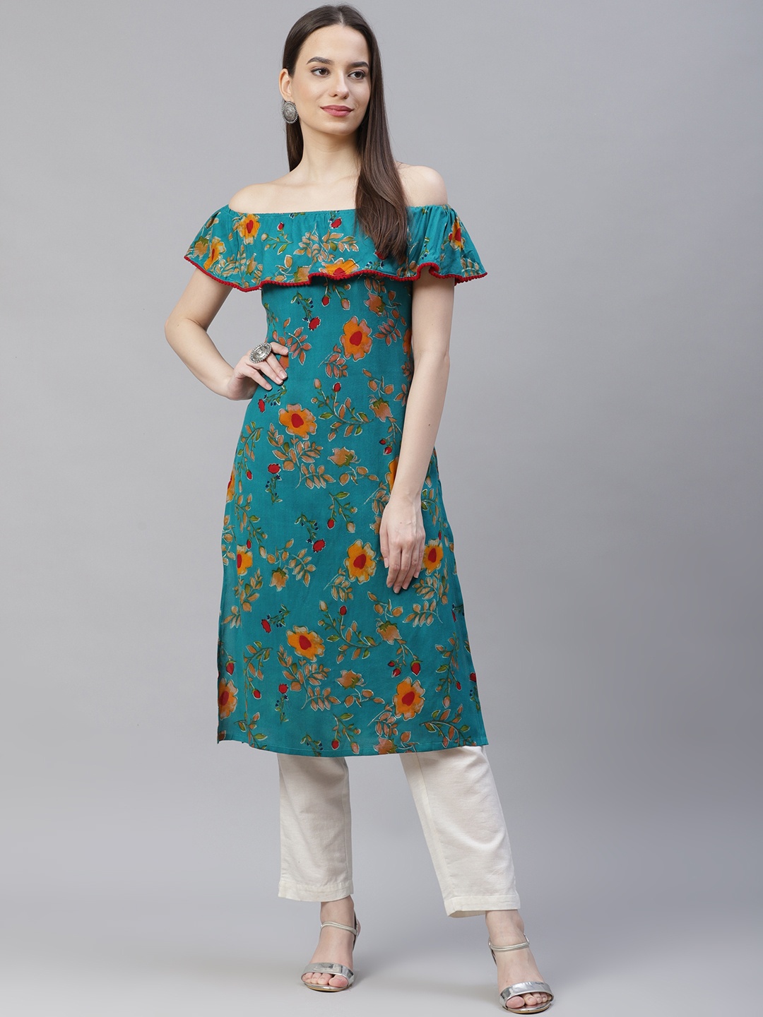 

Jompers Women Teal Green Floral Printed Off-Shoulder Cold-Shoulder Sleeves Floral Kurta