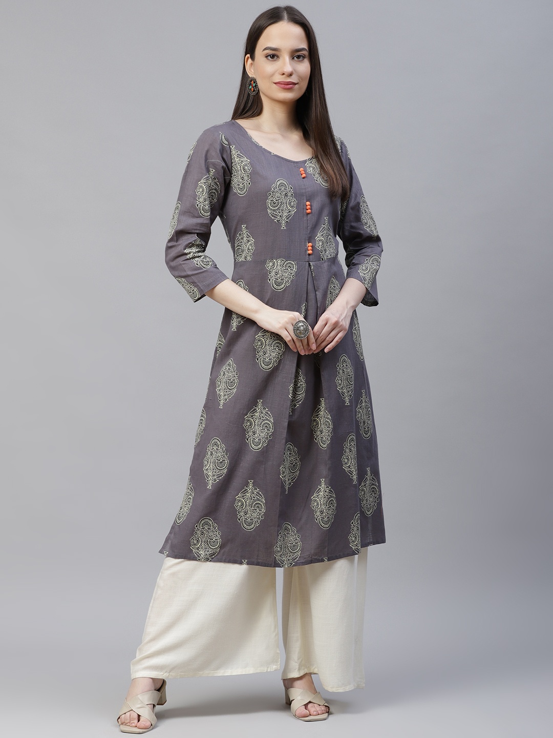 

Jompers Women Grey Ethnic Motifs Printed Block Print Kurta