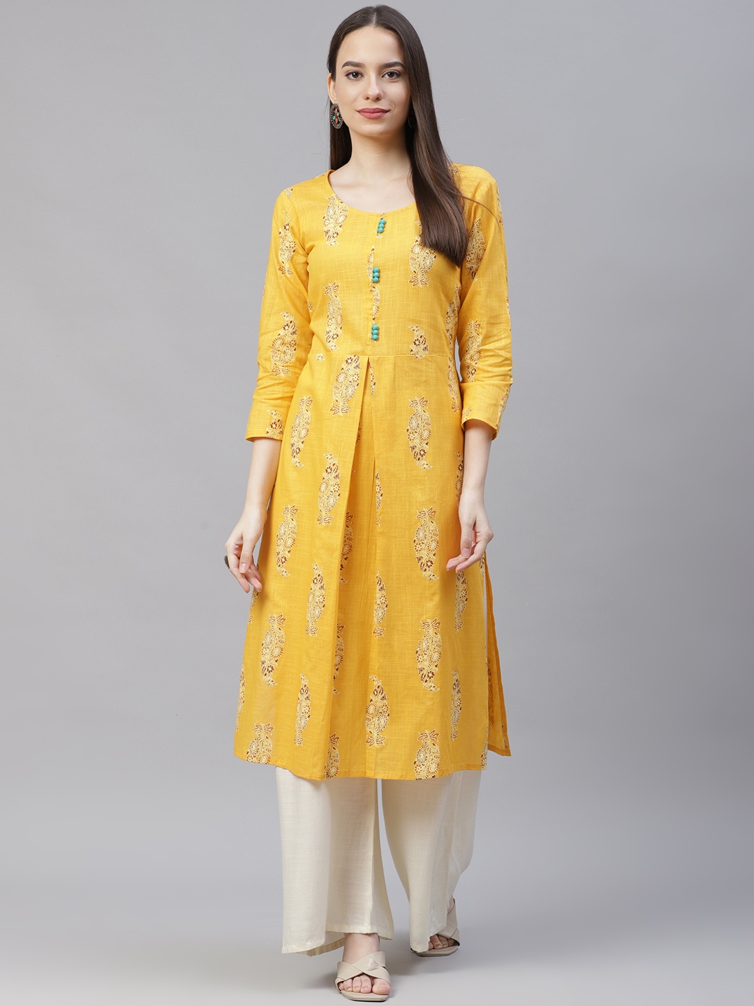 

Jompers Women Yellow Ethnic Motifs Printed Block Print Kurta