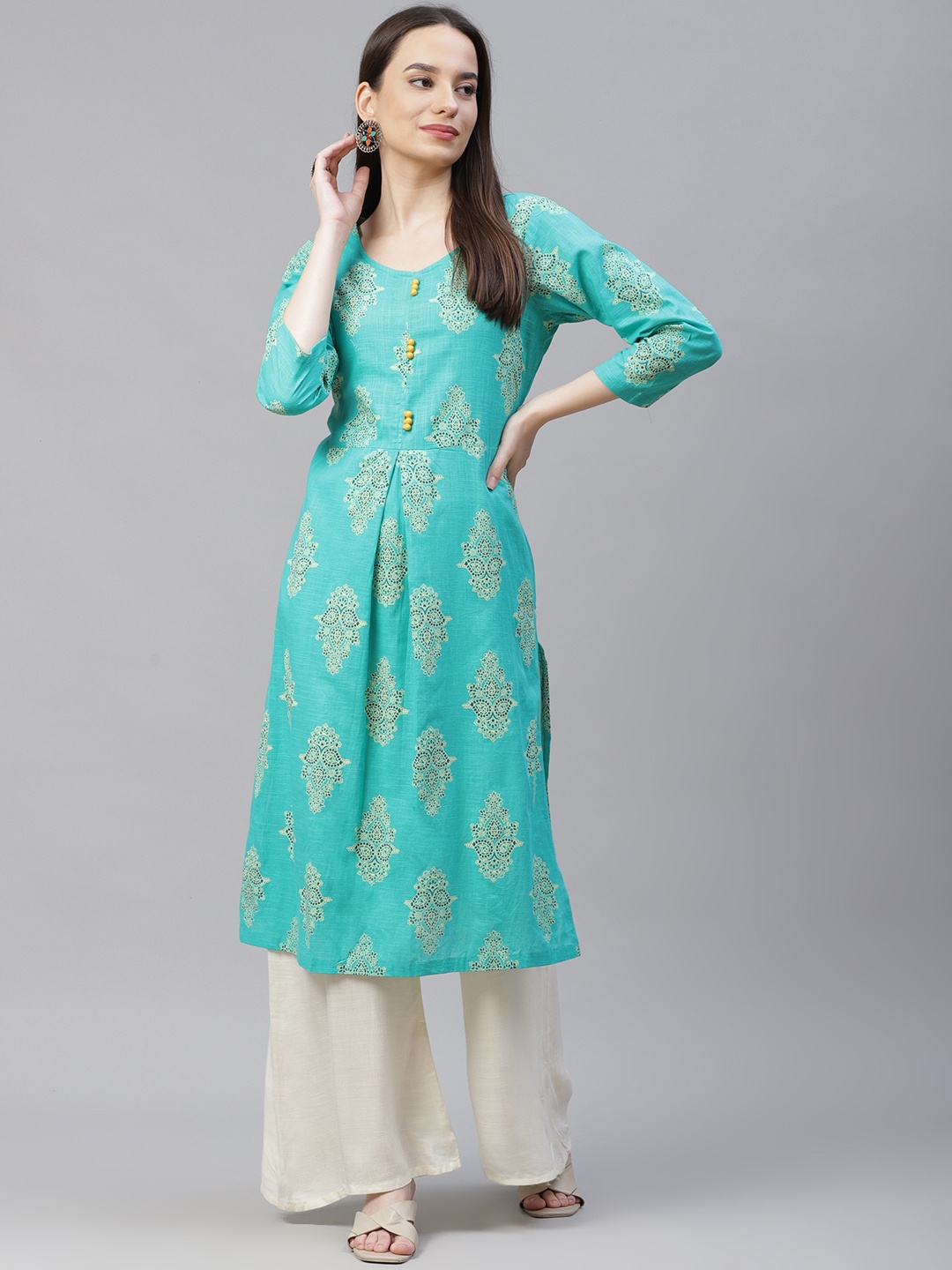 

Jompers Women Sea Green & Yellow Ethnic Motifs Printed Block Print Kurta with Box Pleate