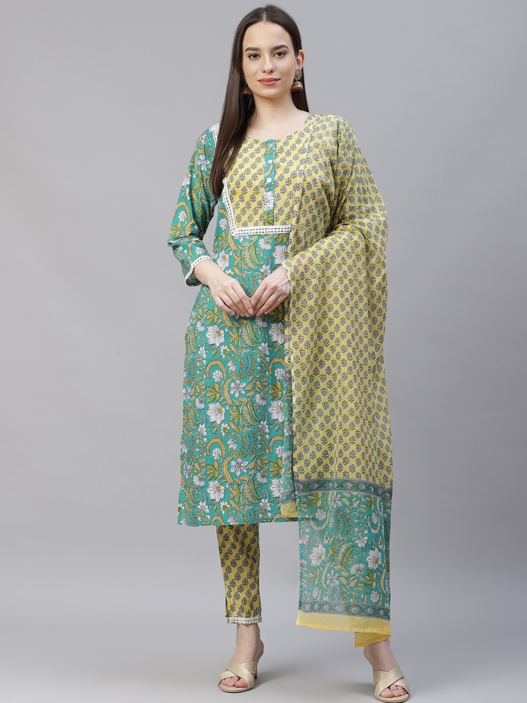 

Jompers Women Green Ethnic Motifs Printed Pure Cotton Kurta with Trousers & Dupatta