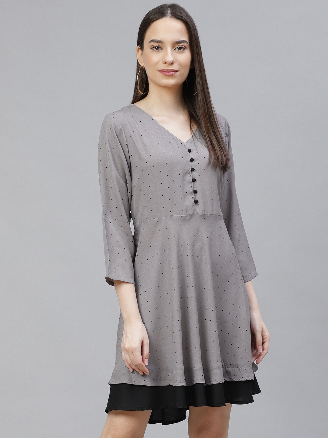 

Jompers Grey & Black Polka Dots Printed Dress