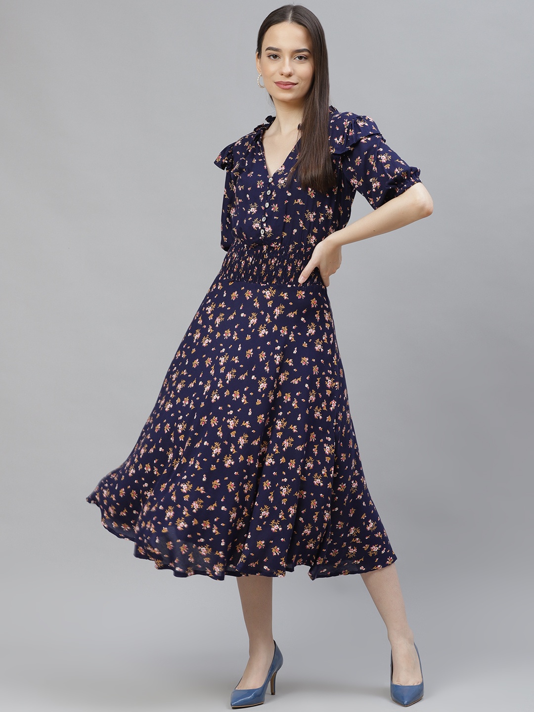 

Jompers Navy Blue & Pink Floral Ethnic A-Line Midi Dress
