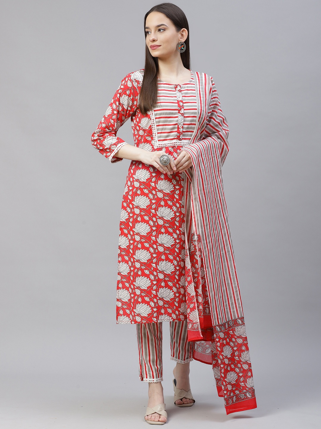 

Jompers Women Red & Off-White Ethnic Motifs Printed Kurta with Trousers & Dupatta