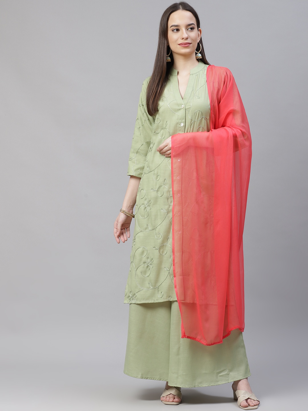 

Jompers Women Lime Green & Pink Floral Embroidered Kurta with Palazzos & Dupatta