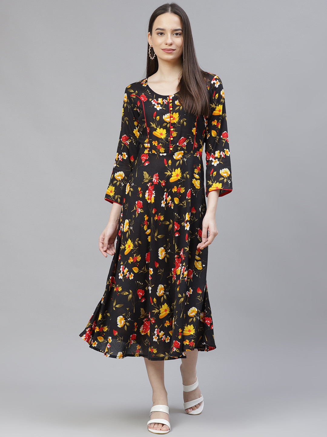 

Jompers Black & Red Floral Ethnic A-Line Midi Dress
