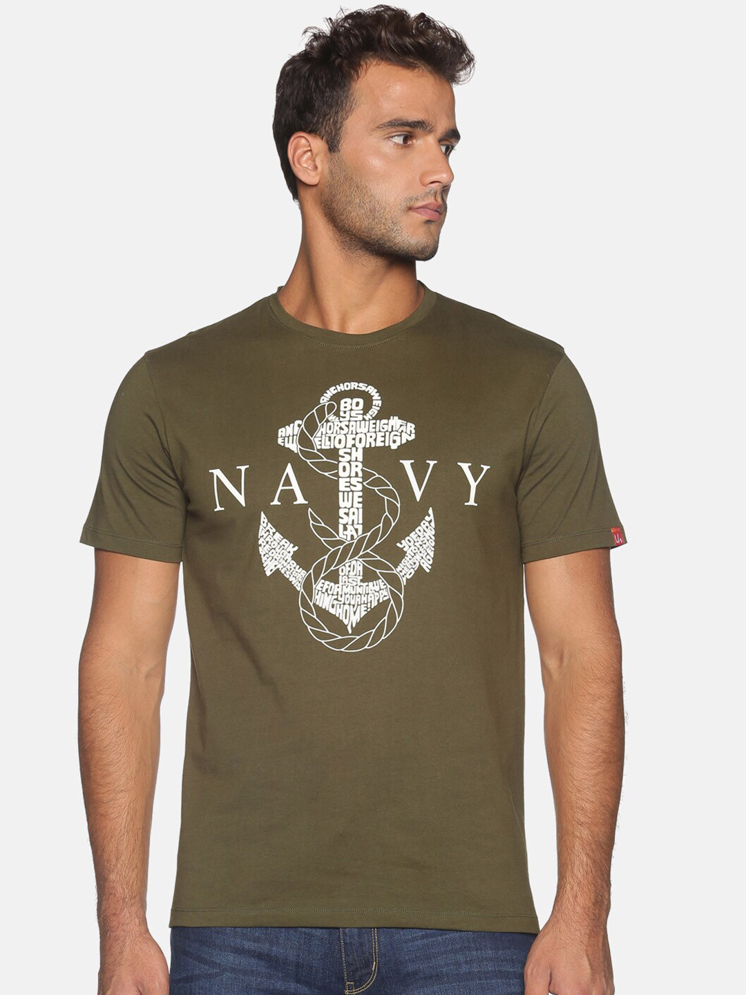

UrGear Men Olive Green & White Printed Cotton T-shirt