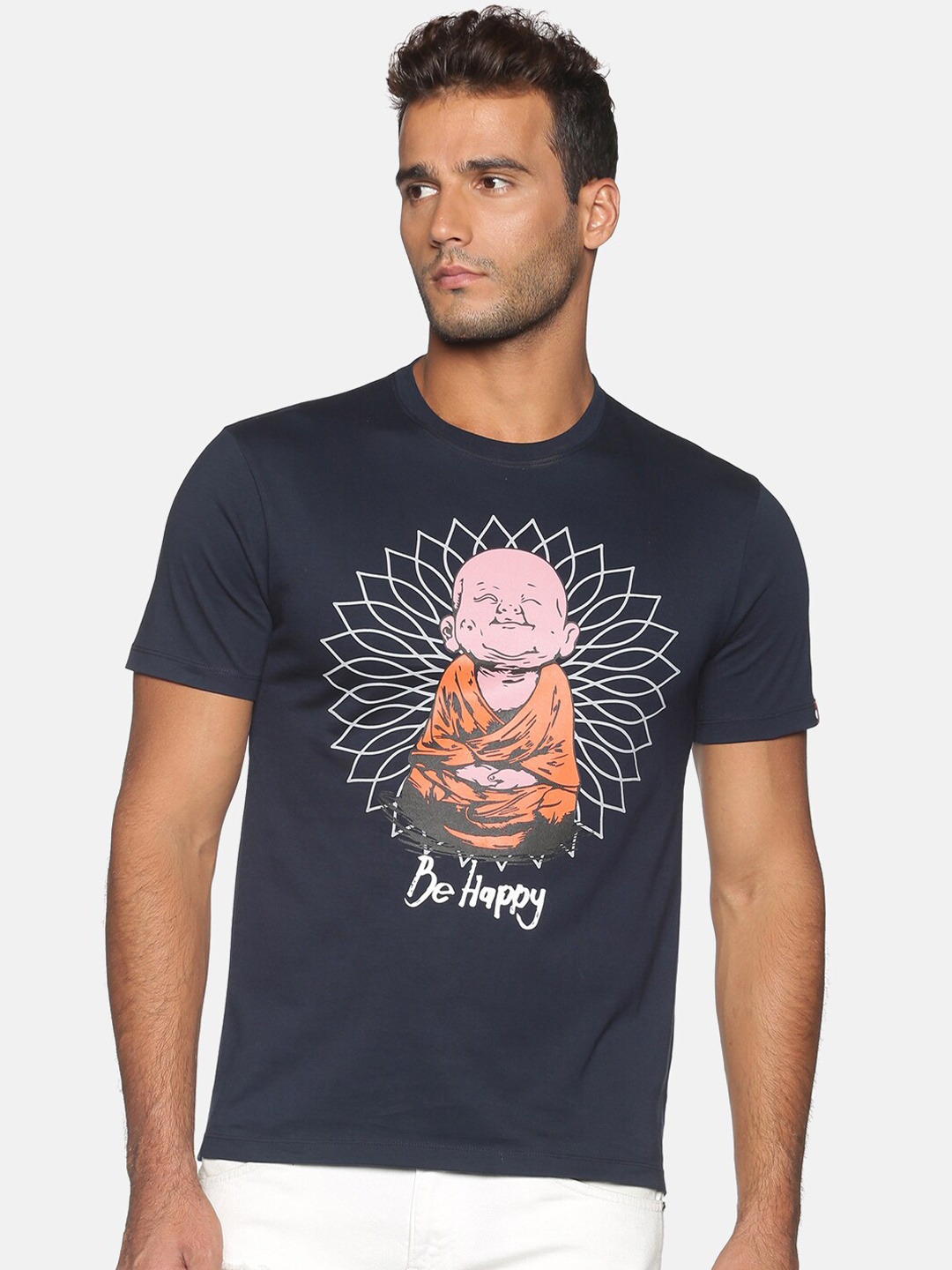 

UrGear Men Navy Blue & Pink Printed Cotton T-shirt