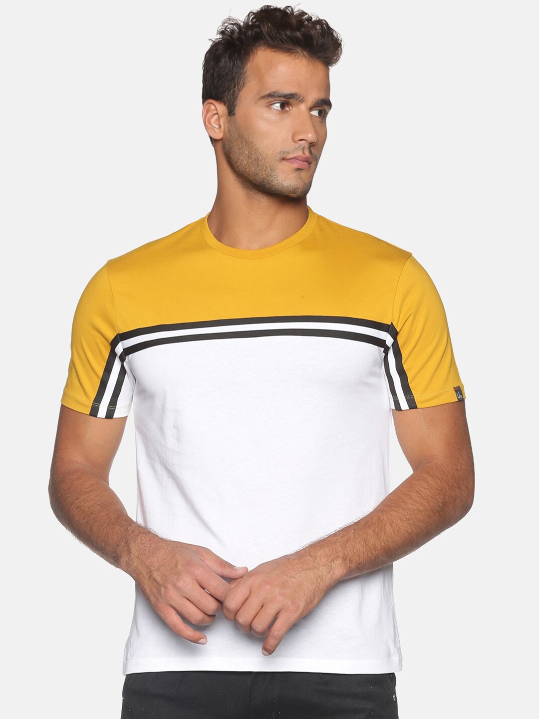 

UrGear Men White & Mustard Yellow Colourblocked Cotton T-shirt