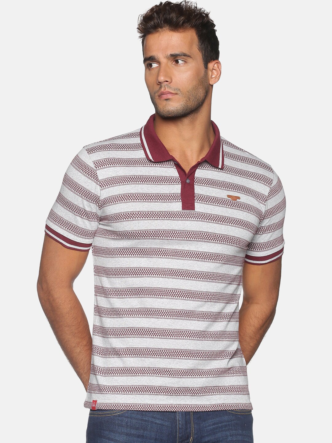 

UrGear Men Grey Striped Polo Collar Pockets T-shirt