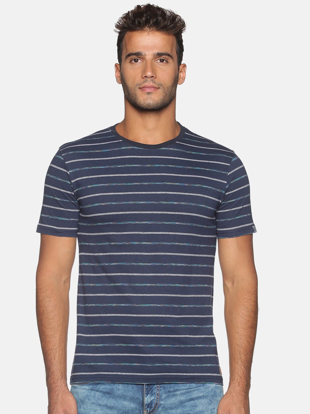 

UrGear Men Navy Blue Striped Pockets T-shirt