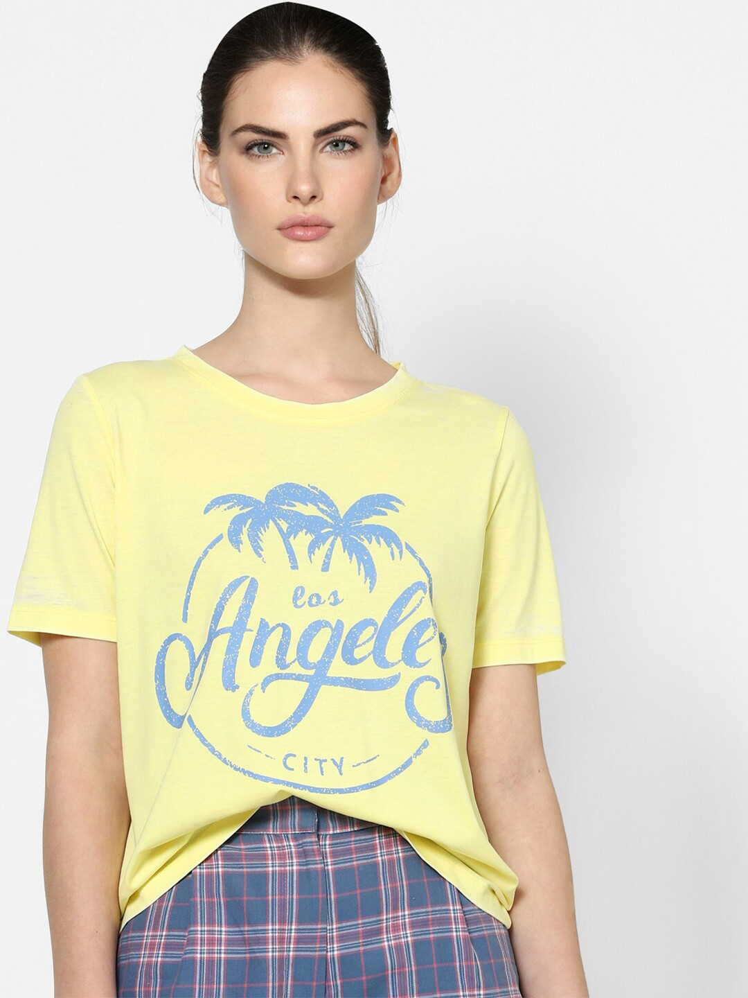 

ONLY Women Yellow & Blue Typography Printed Raw Edge T-shirt