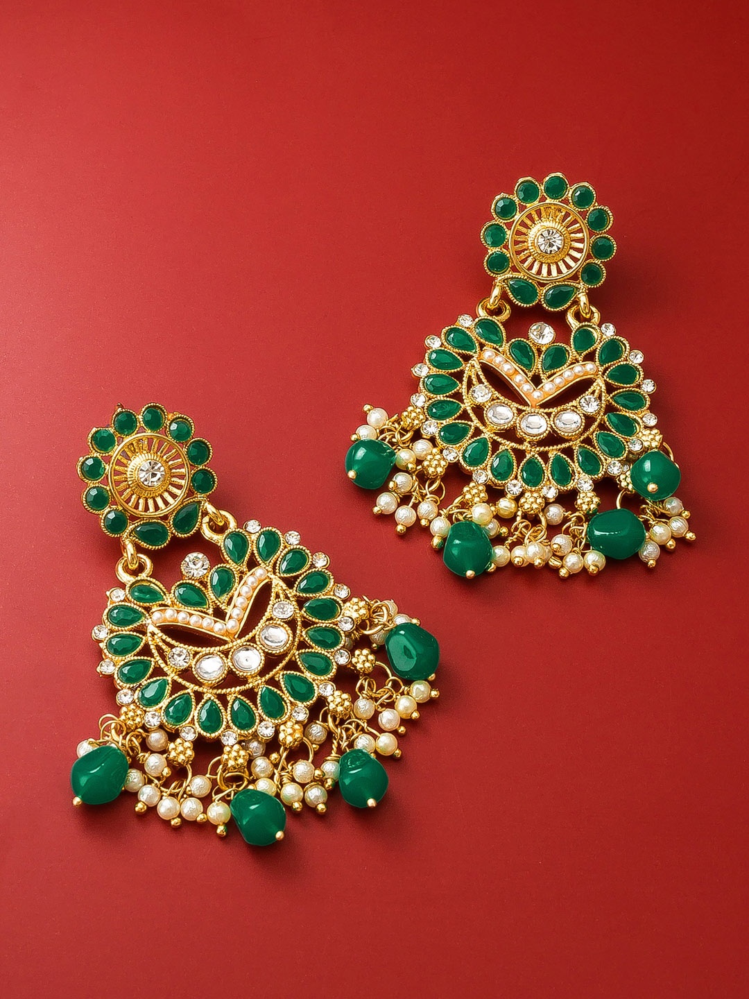 

aadita Gold-Toned & GreenKundan Studded Contemporary Chandbalis Earrings