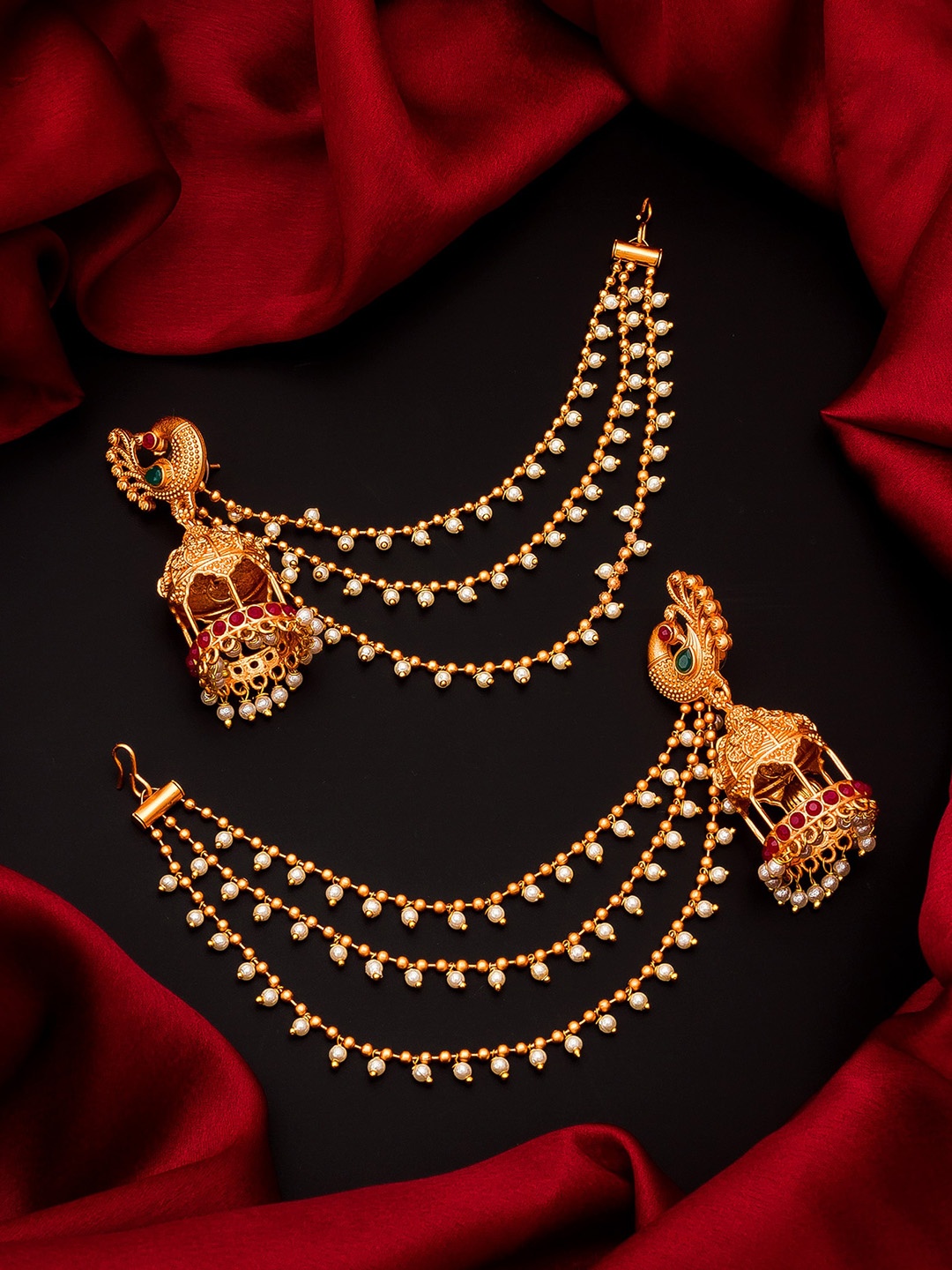 

aadita Gold-Toned & Red Stone Studded Classic Jhumkas Earrings with Hair chain
