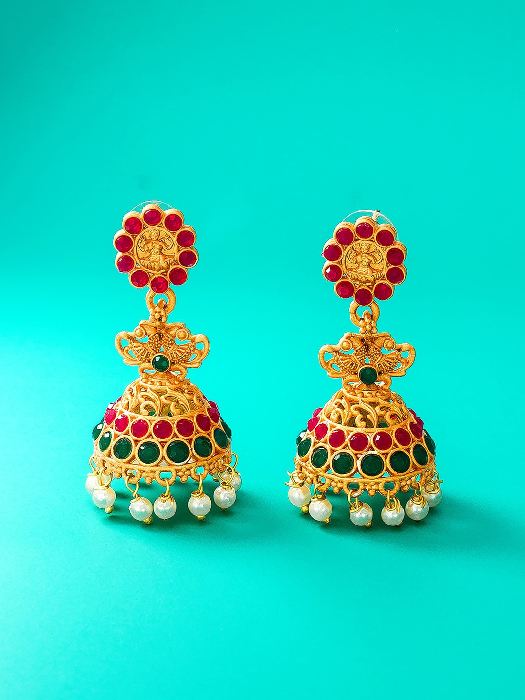 

aadita Gold-Toned & Red Dome Shaped Meenakari Jhumkas Earrings