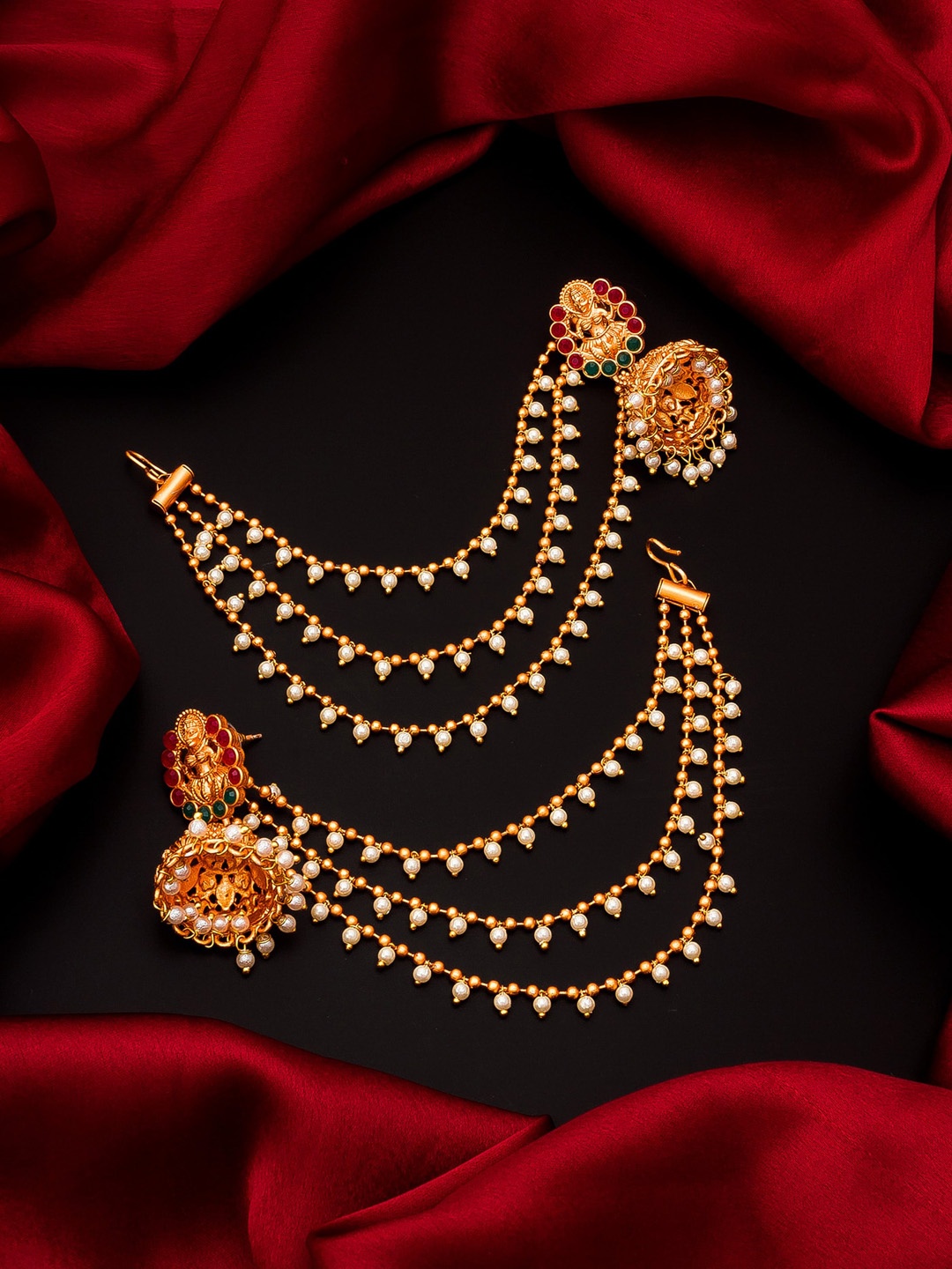 

aadita Women Gold-Toned Classic Jhumkas Earrings With Layered Hair Chain